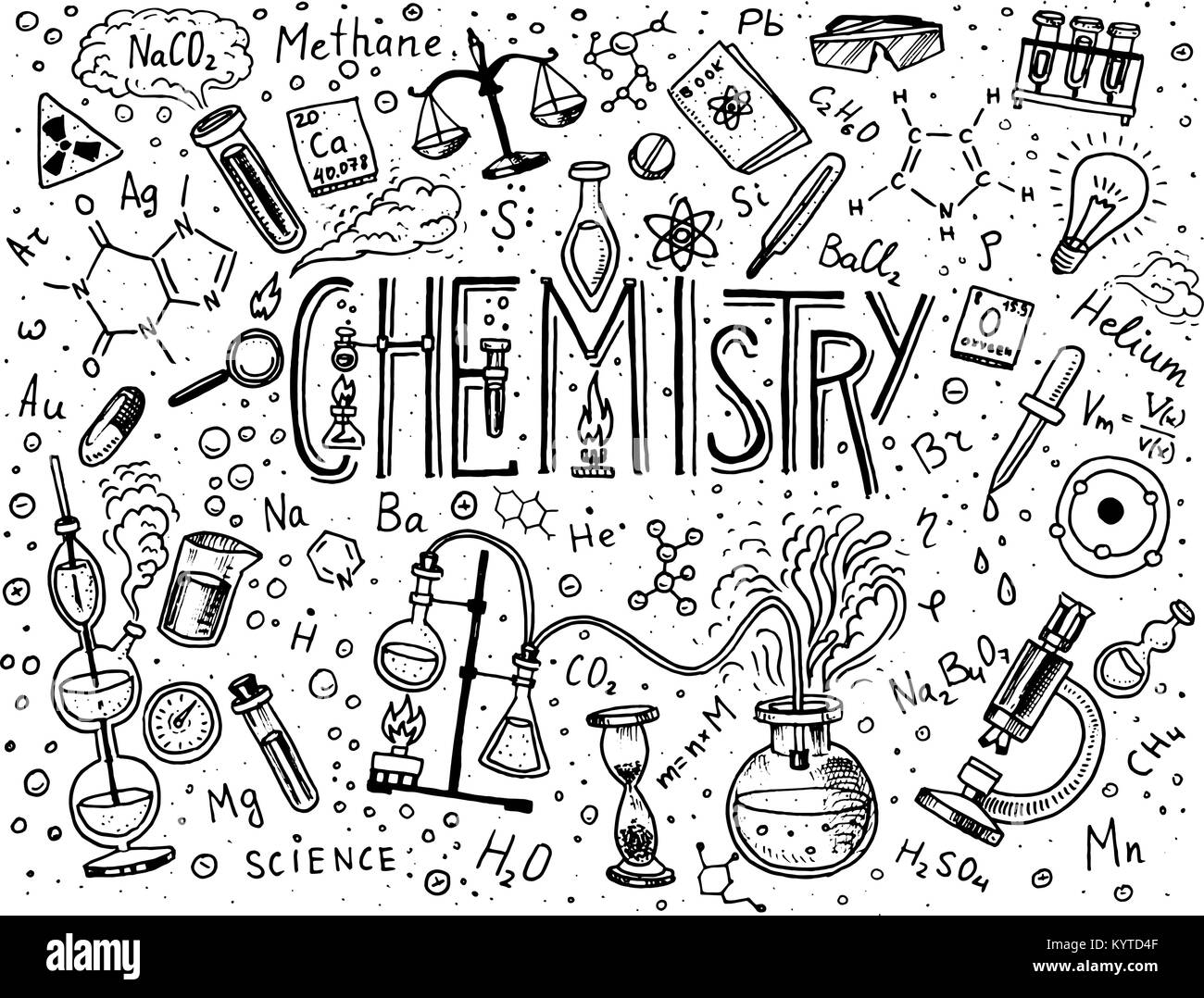 Chemistry of icons set. Chalkboard with elements, formulas, atom, test