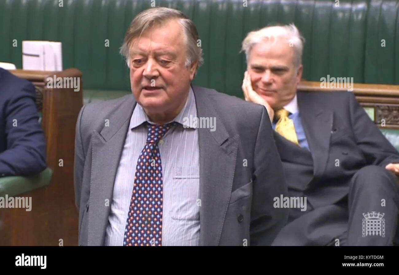 Sir Desmond Swayne MP sitting behind former Chancellor Ken Clarke as he speaks during a House of Commons debate on Brexit. Stock Photo