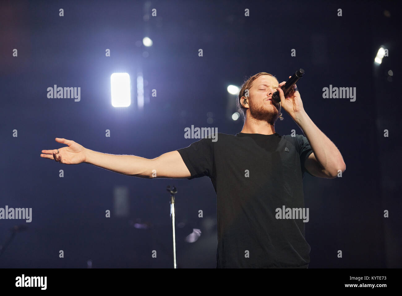 The American rock band Imagine Dragons performs a live concert at Spektrum in Oslo. Here lead singer and songwriter Dan Reynolds is seen live on stage. Norway, 20/10 2015. Stock Photo