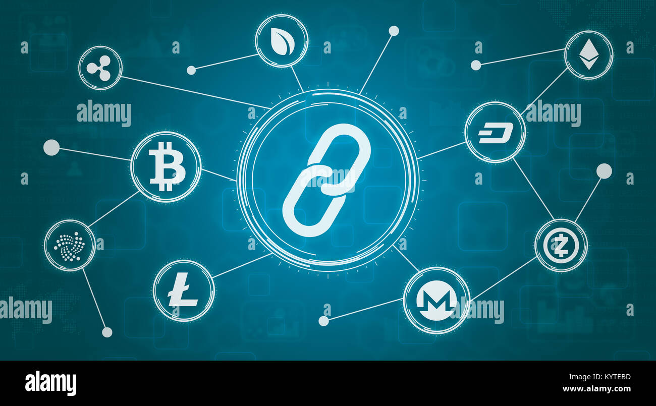 network nodes of crypto currency symbols and tech background Stock ...