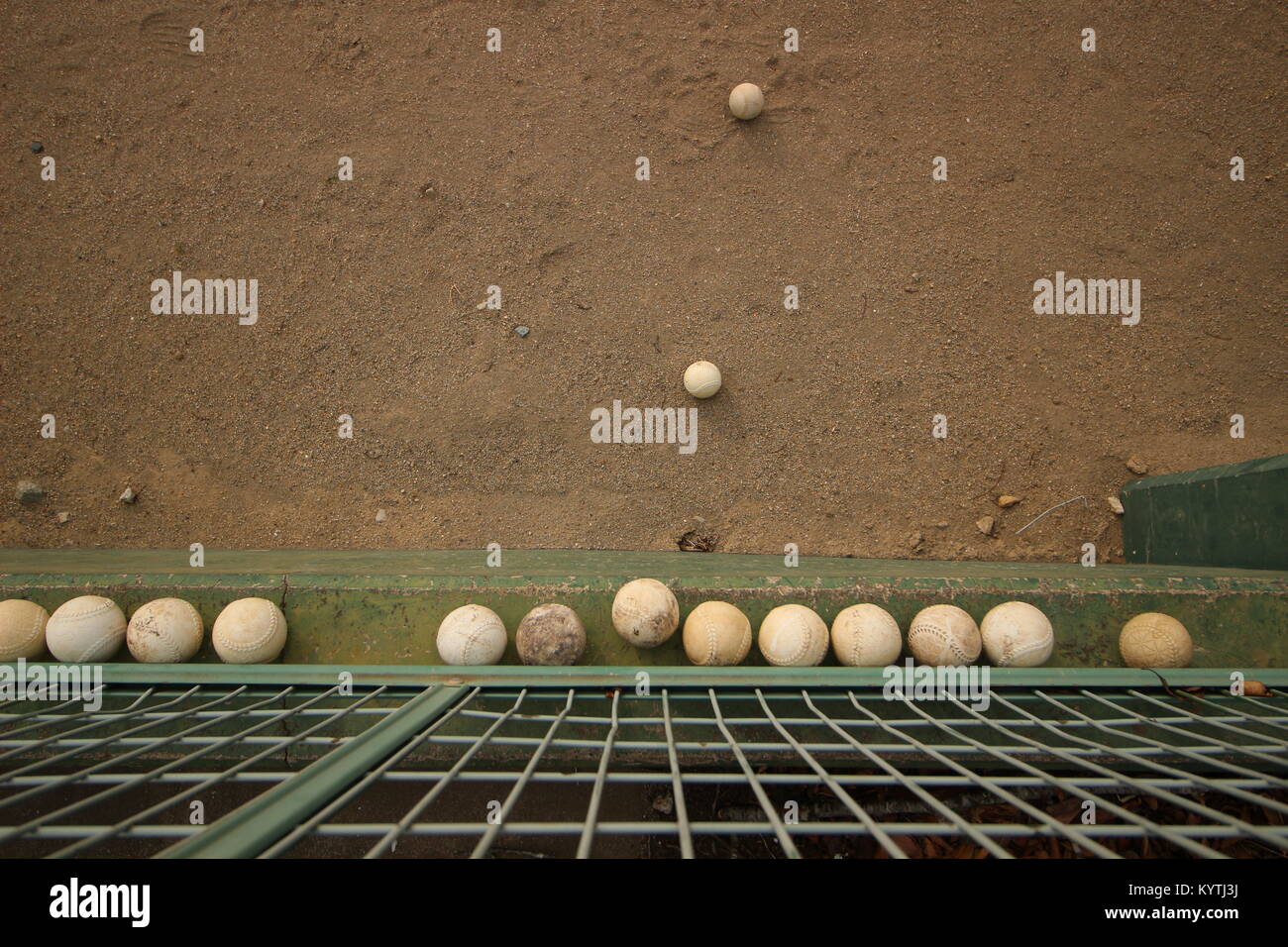 Soma Fukushima Japan 15 January 2018, Balls are placed neatly and quietly on the green wall after baseball game training Stock Photo