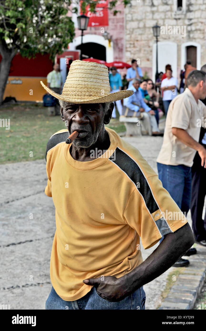HAVANA, CUBA, MAY 7, 2009. A Cuban man with a big cigar in his mouth in Havana, Cuba, on May 7th, 2009. Stock Photo