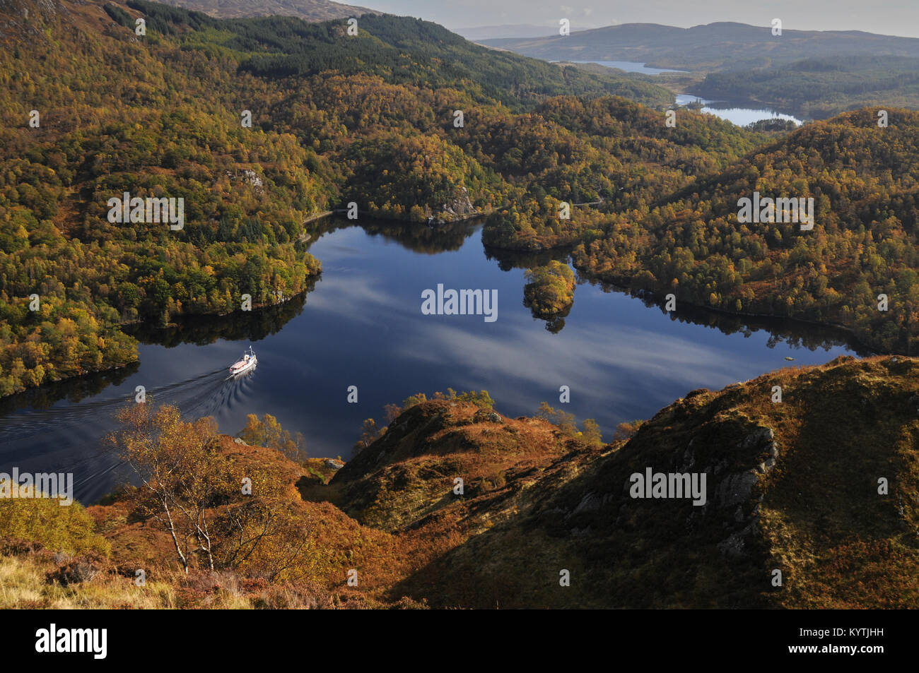 Steamship Sir Walter Scott on Loch Katrine as seen from Ben Venue. Stock Photo