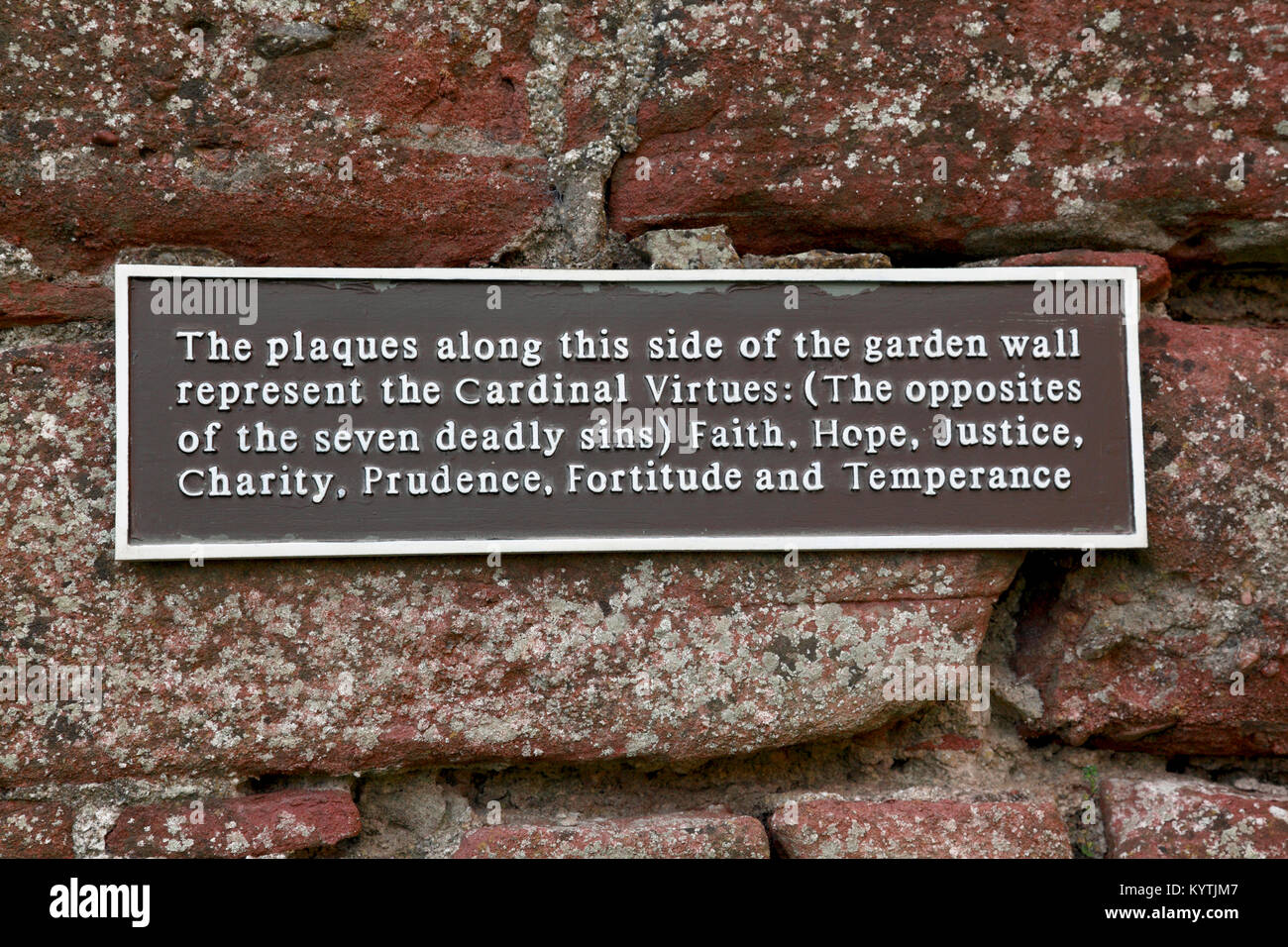 The Cardinal Virtues listed on a sign on the walled garden at Edzell Castle near Brechin, Angus, Scotland Stock Photo