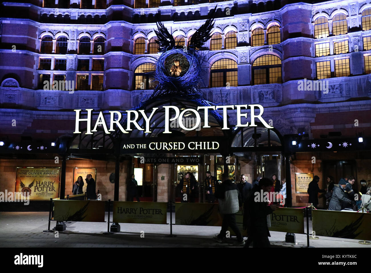 London, United Kingdom - 12/23/2017: People waiting outside to see an evening showing of Harry Potter and the Cursed Child in London, UK Stock Photo