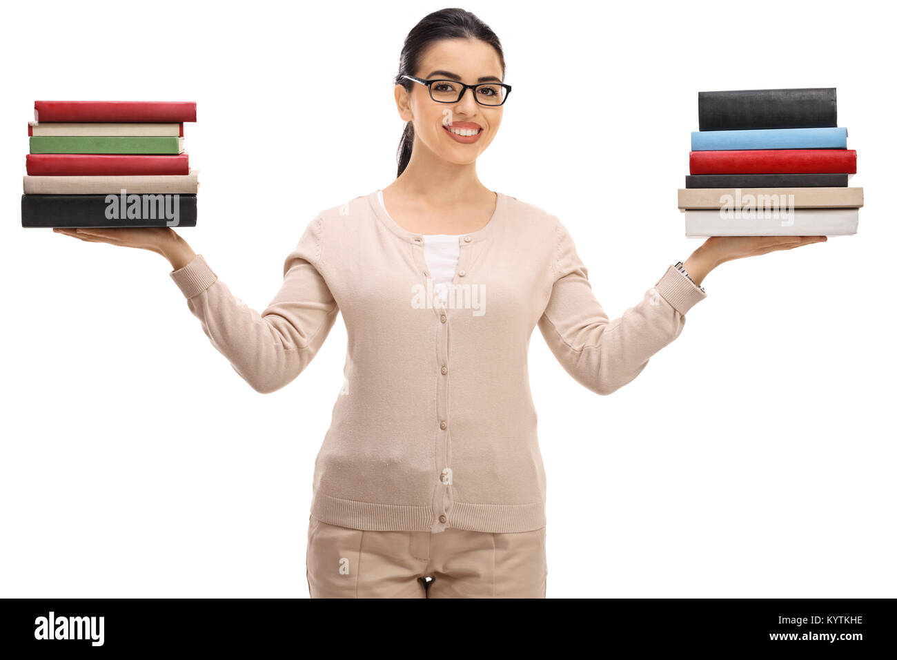 Female teacher with book stacks isolated on white background Stock Photo