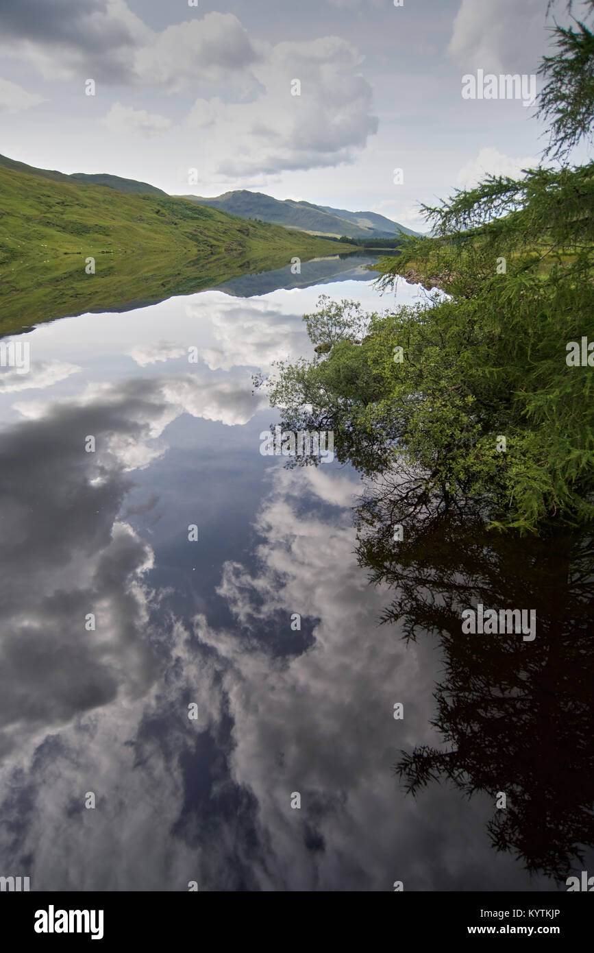 Hills reflected in the still waters of Stronuich Reservoir, Perthshire, Scotland. Stock Photo
