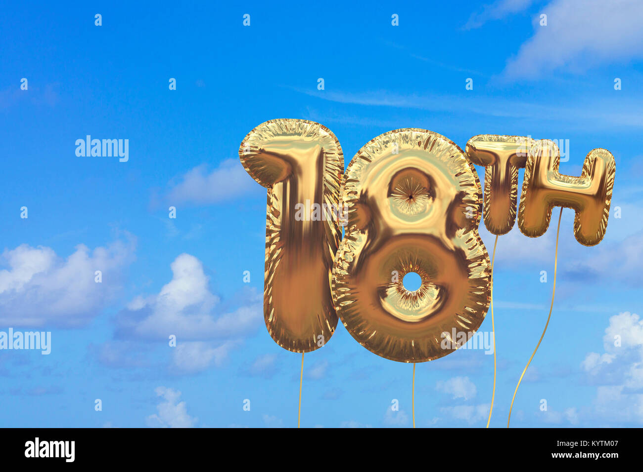 Gold number 18 foil birthday balloon against a bright blue summer sky