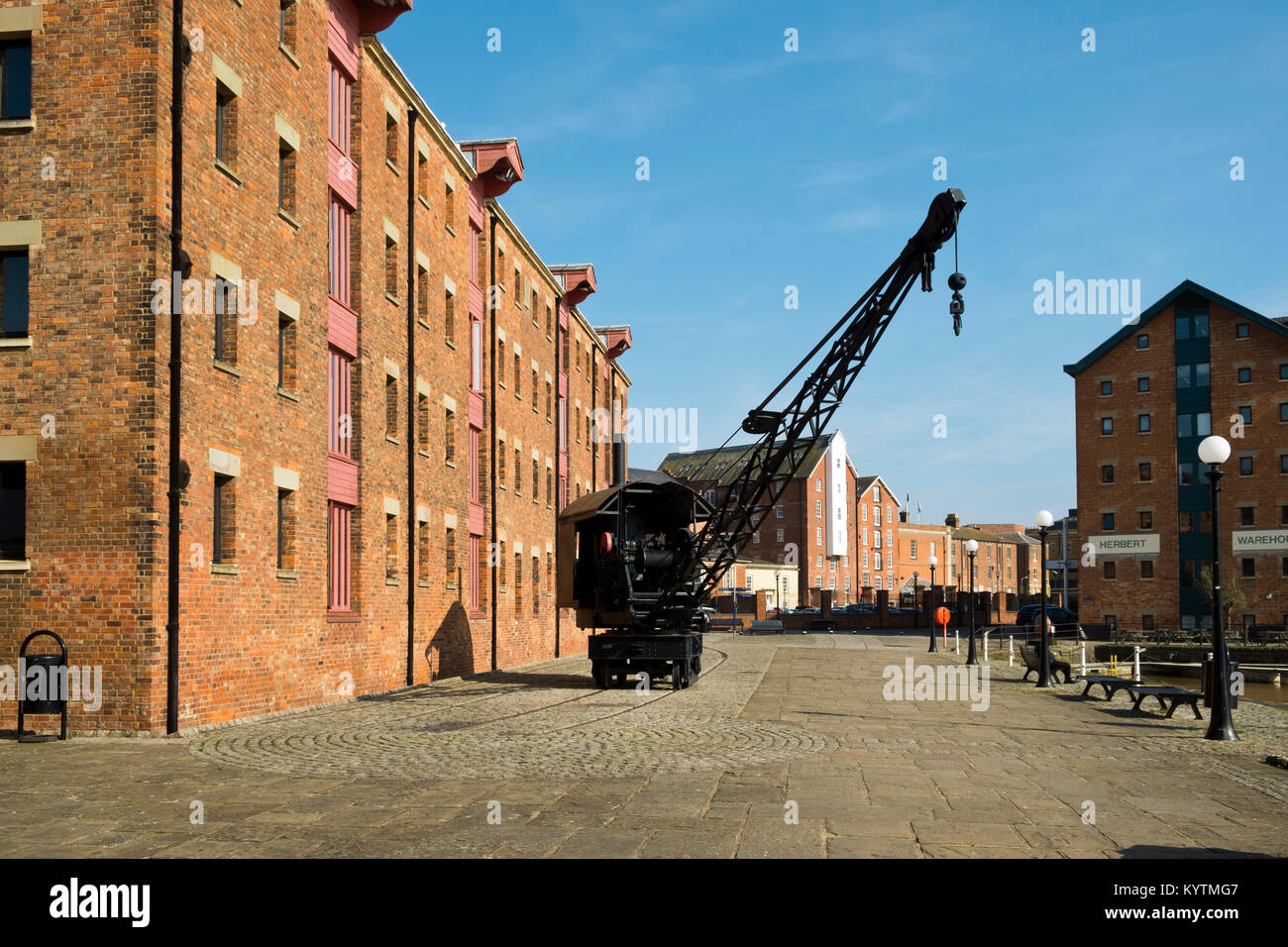 Spring sunshine on the industrial heritage travel destination of Gloucester Docks, Gloucester, UK Stock Photo