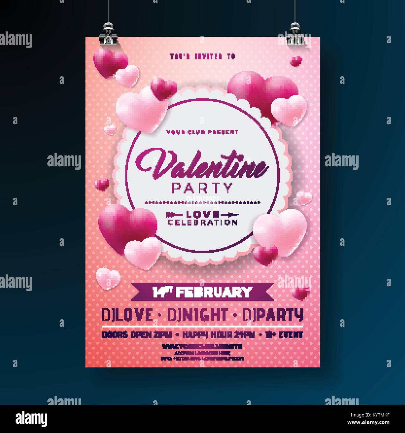 Vector Valentines Day Party Flyer Design with Typography and Heart on ...