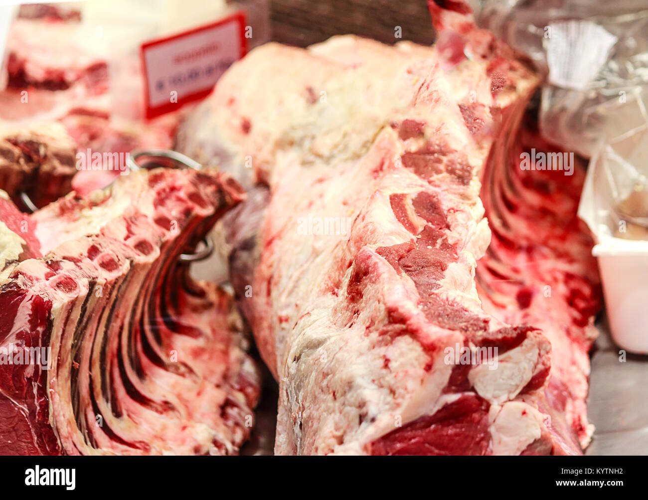 Florentine steak, an Italian steak classic from Tuscany at a market butcher stand in Florence, Italy Stock Photo