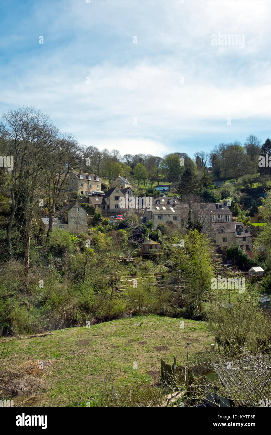 Picturesque hillside cottages in one of Nailsworth's valleys, Cotswolds, Gloucestershire, UK Stock Photo
