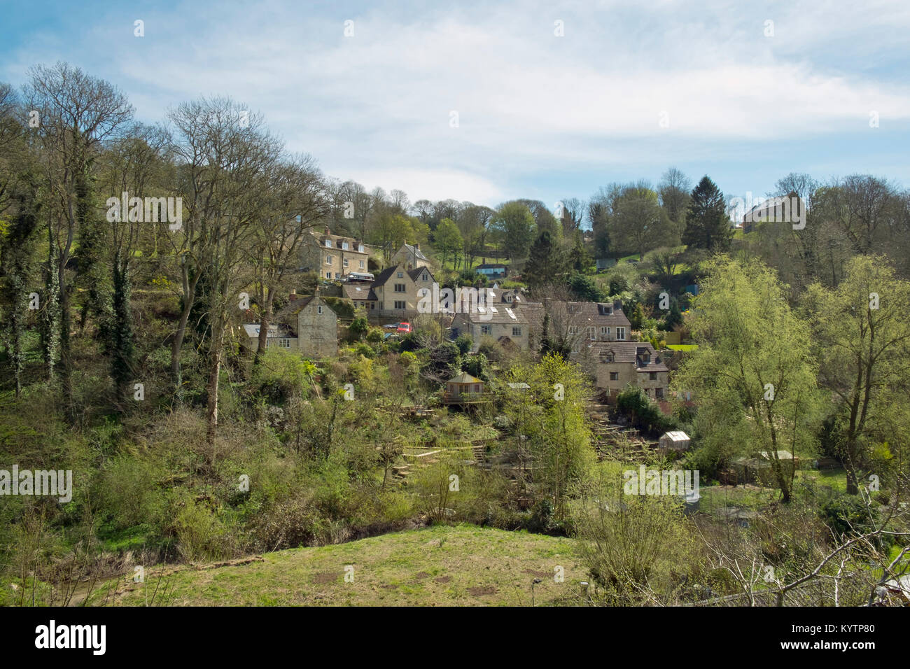Picturesque hillside cottages in one of Nailsworth's valleys, Cotswolds, Gloucestershire, UK Stock Photo