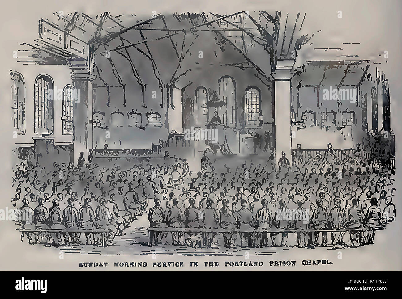 PORTLAND PRISON , UK - mid 1800's - A sketch of prisoners at Sunday church  Service Stock Photo