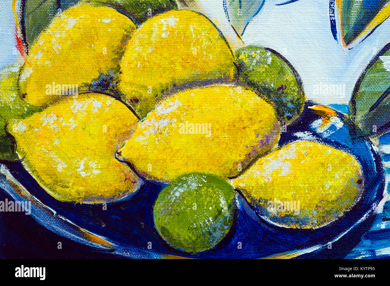 Vibrant multi-colored original oil painting close up detail showing brushwork and canvas textures - lemons Stock Photo