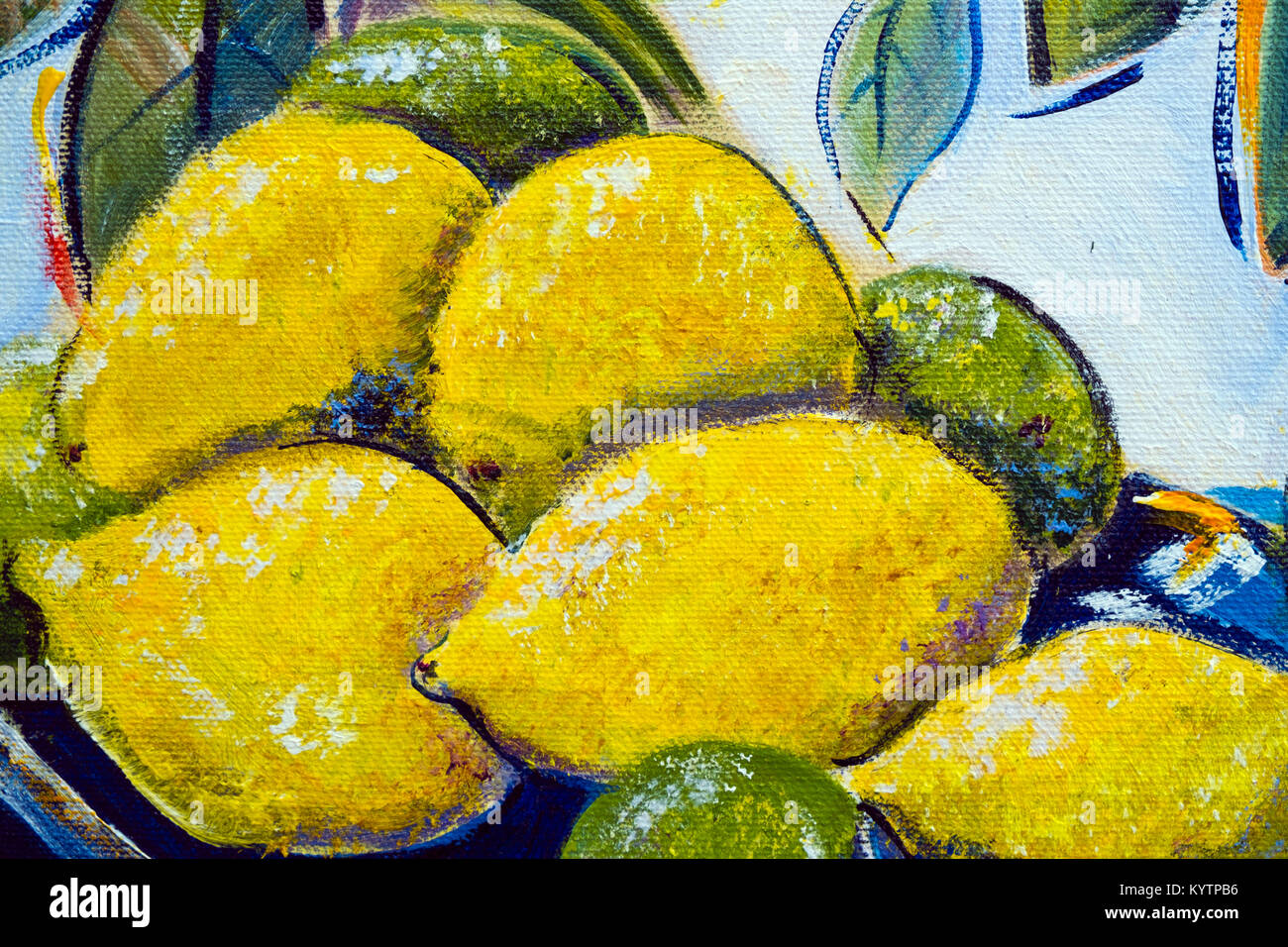 Vibrant multi-colored original oil painting close up detail showing brushwork and canvas textures - lemons Stock Photo