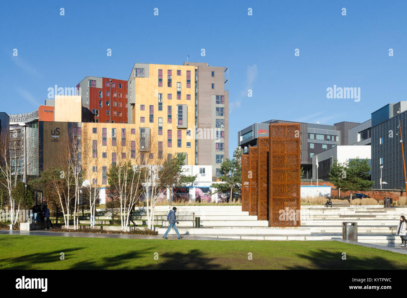 Eastside City Park in Birmingham with Unite student accommodation buildings Stock Photo