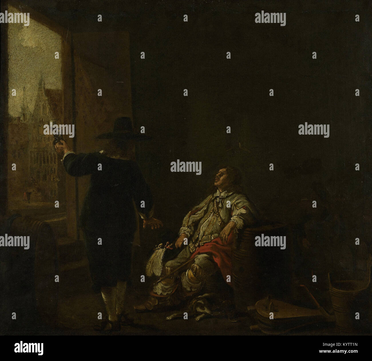 Aelbert Cuyp - Wine Merchant's Signboard   Tasting Wine (one side), Vats of Wine (on the other) Stock Photo