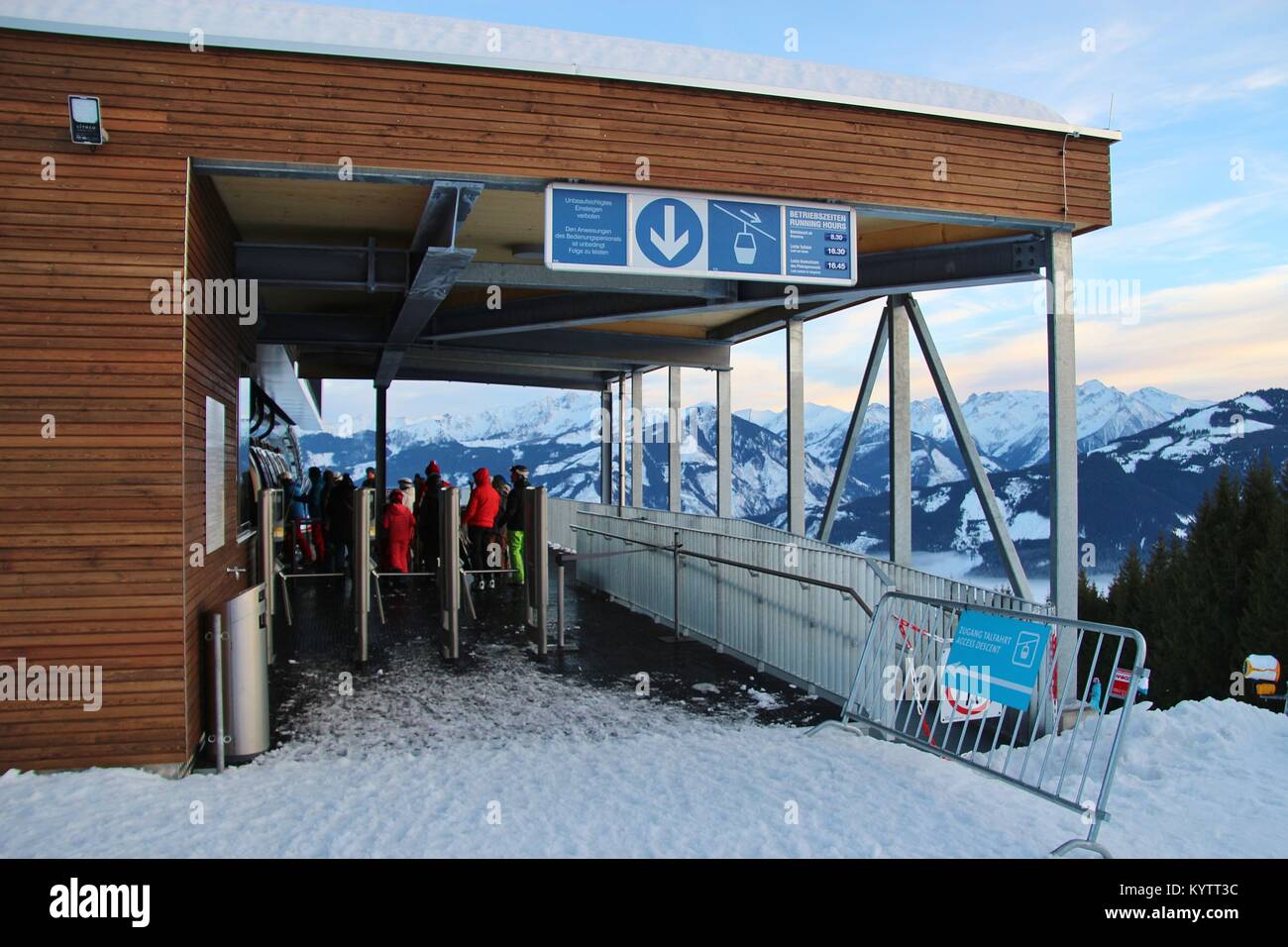 On the Areit car cable station (1400 m), in winter. Zell am See, Austria, Europe. Stock Photo