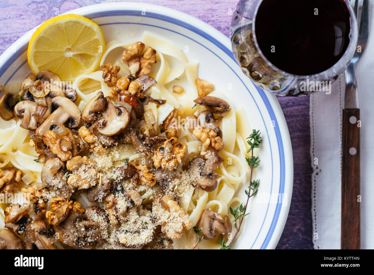 Tagliatelle pasta with a mushroom walnut Sauce Stock Photo Alamy