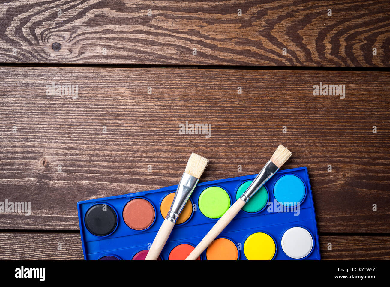 School supplies and stationery, learning items colored pencils, paints and  brushes, glue, ruler and scissors with compass, marker and palette with pap  Stock Vector Image & Art - Alamy