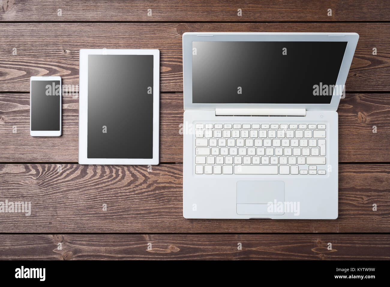 Technology background with modern white computer, tablet and smart ...