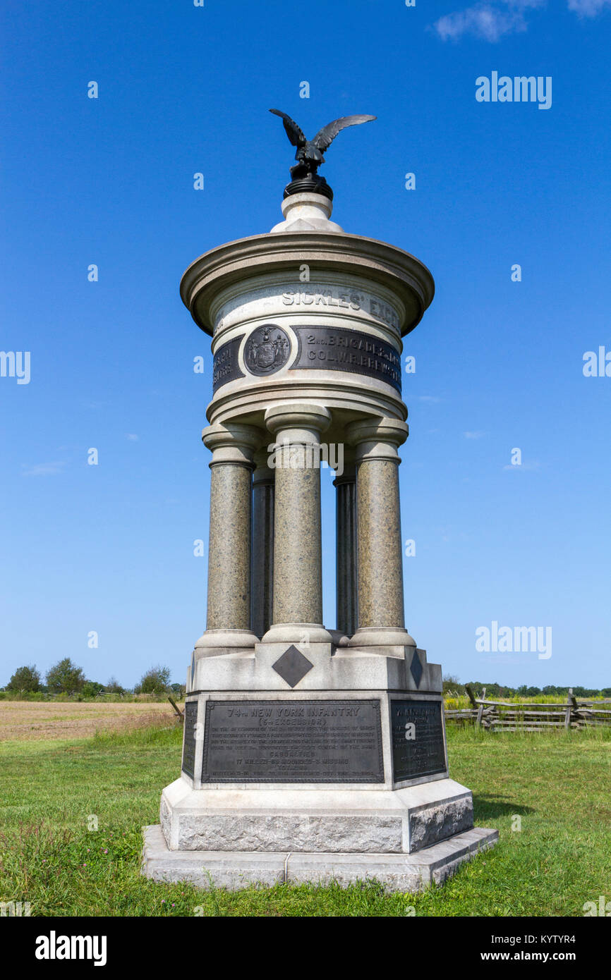 The Excelsior Brigade 'Sickle's Brigade' Monument, Gettysburg National Military Park, Pennsylvania, United States. Stock Photo