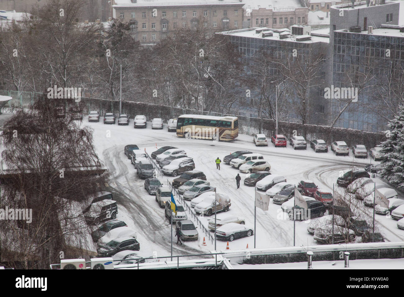Aerial view of Kiev (Kyiv), Ukraine city covered by fresh now in winter Stock Photo
