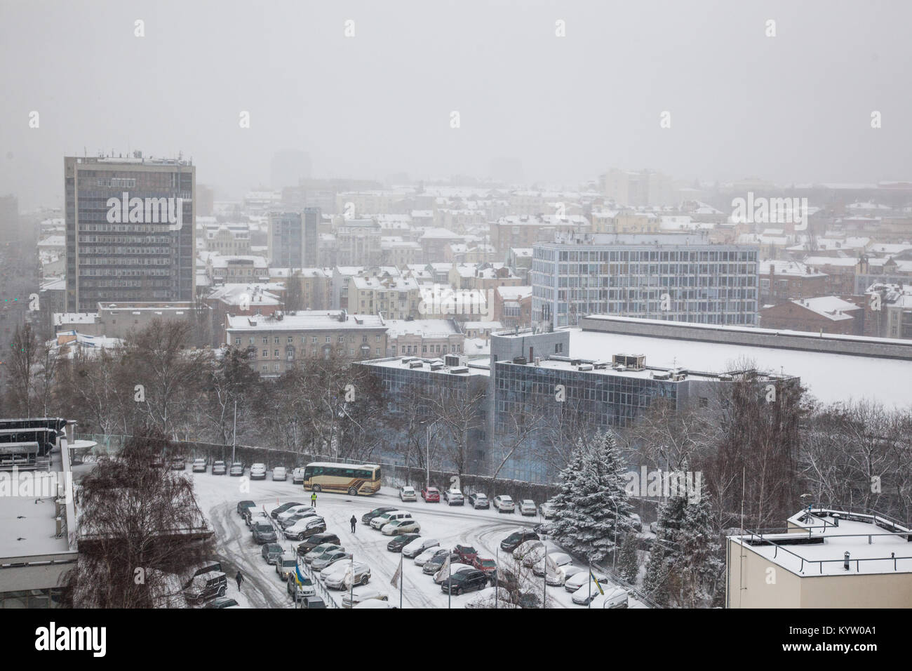 Aerial view of Kiev (Kyiv) city, Ukraine covered by fresh snow in winter Stock Photo