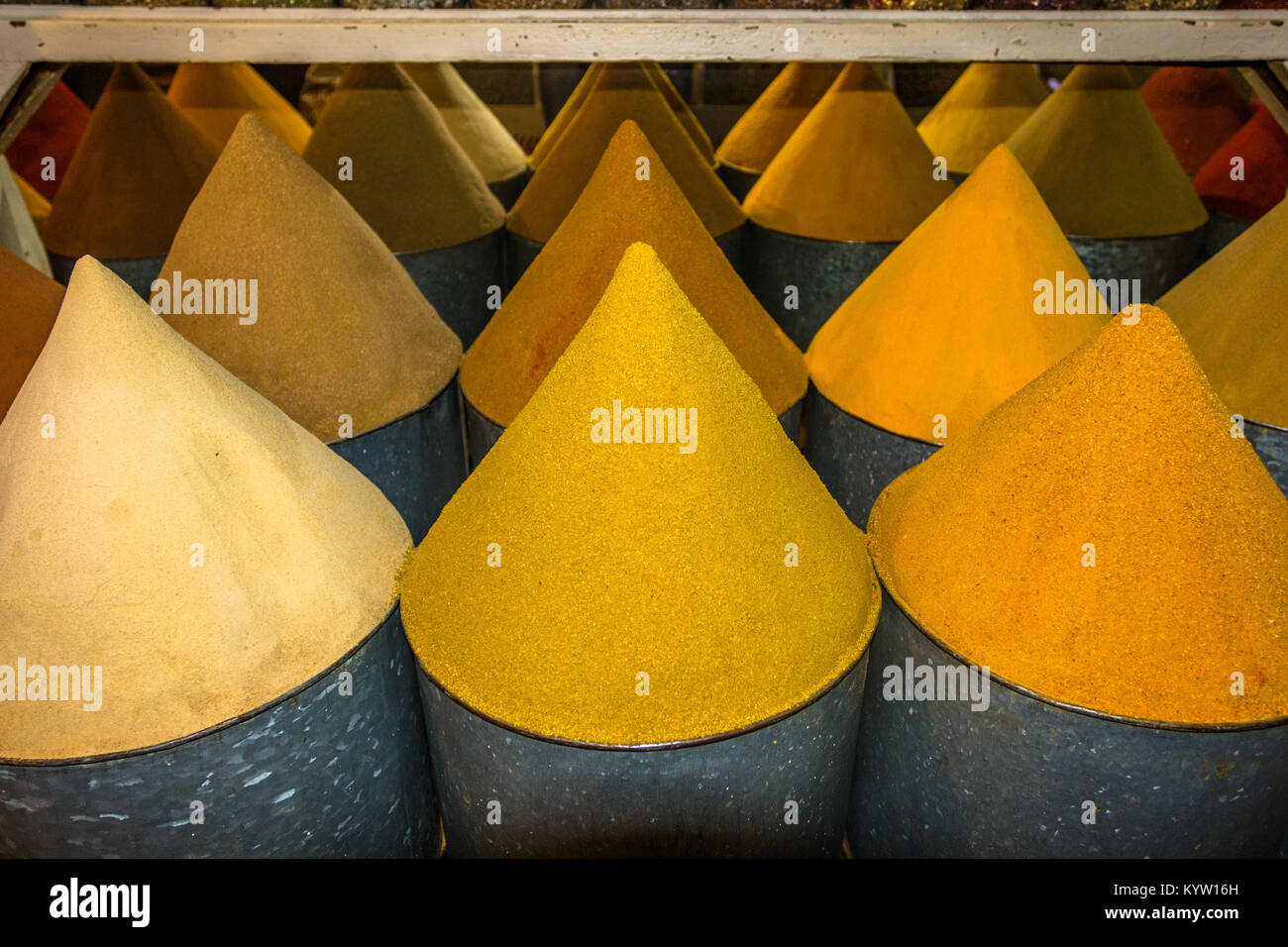 Cones of spices on display for sale in the souk of the ancient Medina in Marrakesh, Morocco Stock Photo