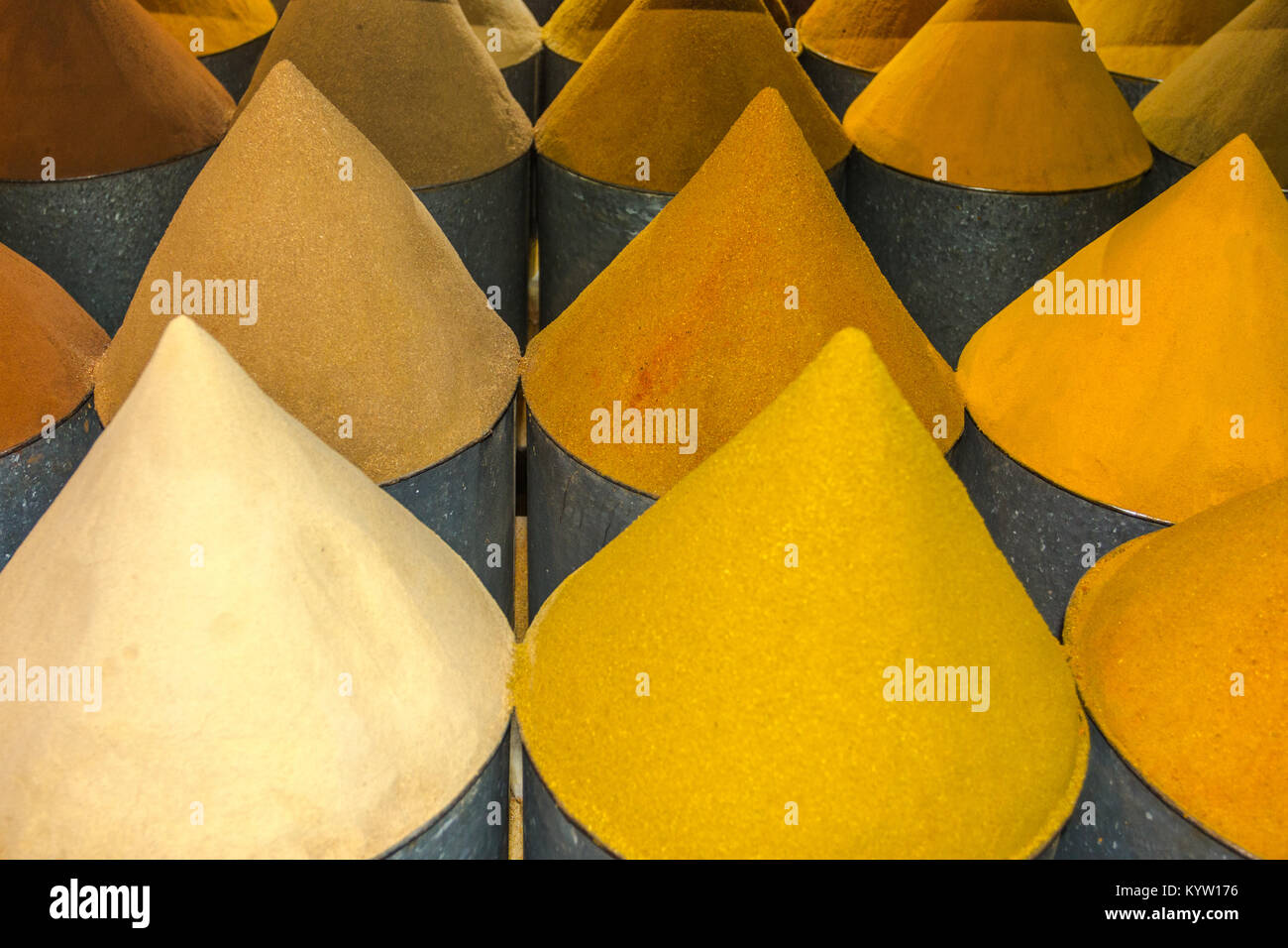 Cones of spices on display for sale in the souk of the ancient Medina in Marrakesh, Morocco Stock Photo