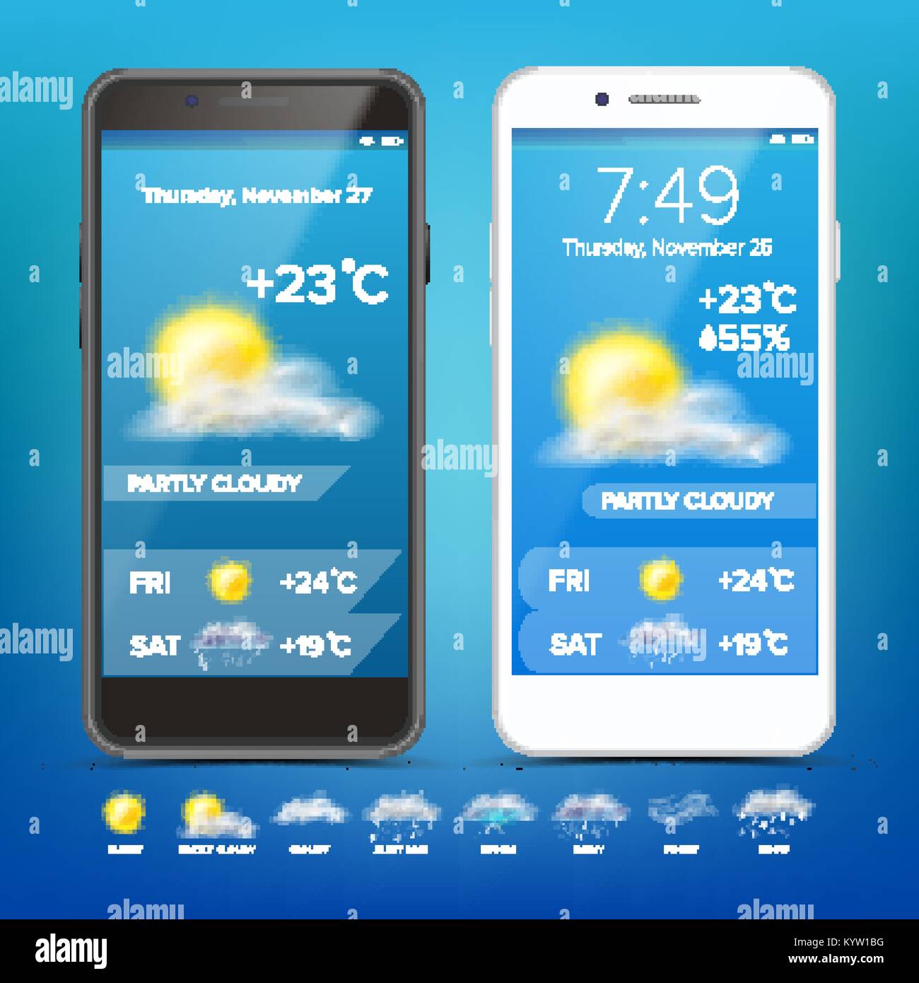 Weather Forecast App Vector. Realistic Smartphone. Weather App With Icons.  Weather Icons Set. Blue Background. Mobile Weather Application Screen.  Design Element Illustration Stock Vector Image & Art - Alamy