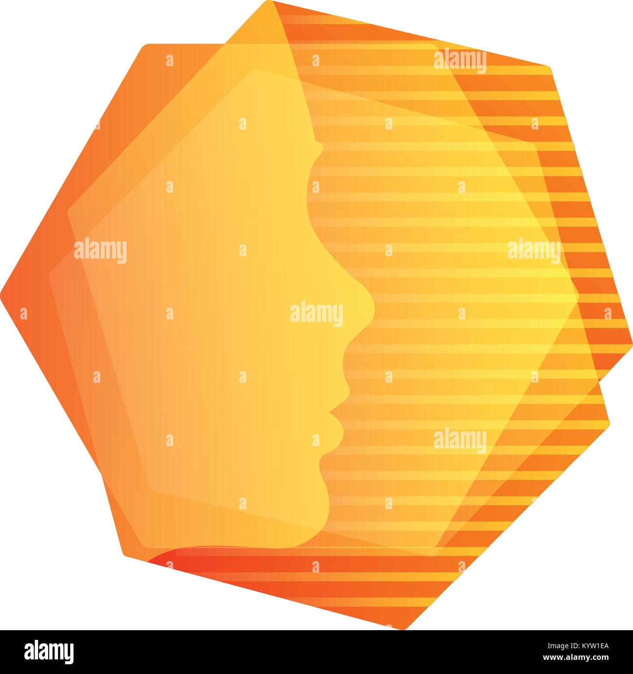 Abstarct orange geometric shape, human face in hexagons with stripes background, unusual vector logo. Stock Vector
