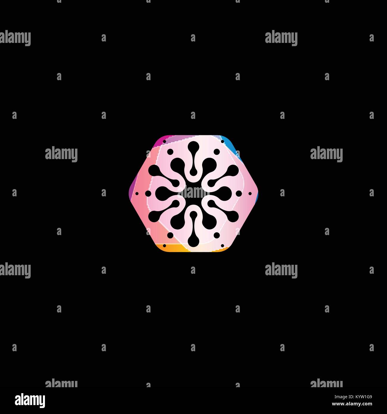 Abstract snowflake colorful shape. Unusual circles star isolated vector logo template on black background. Stock Vector