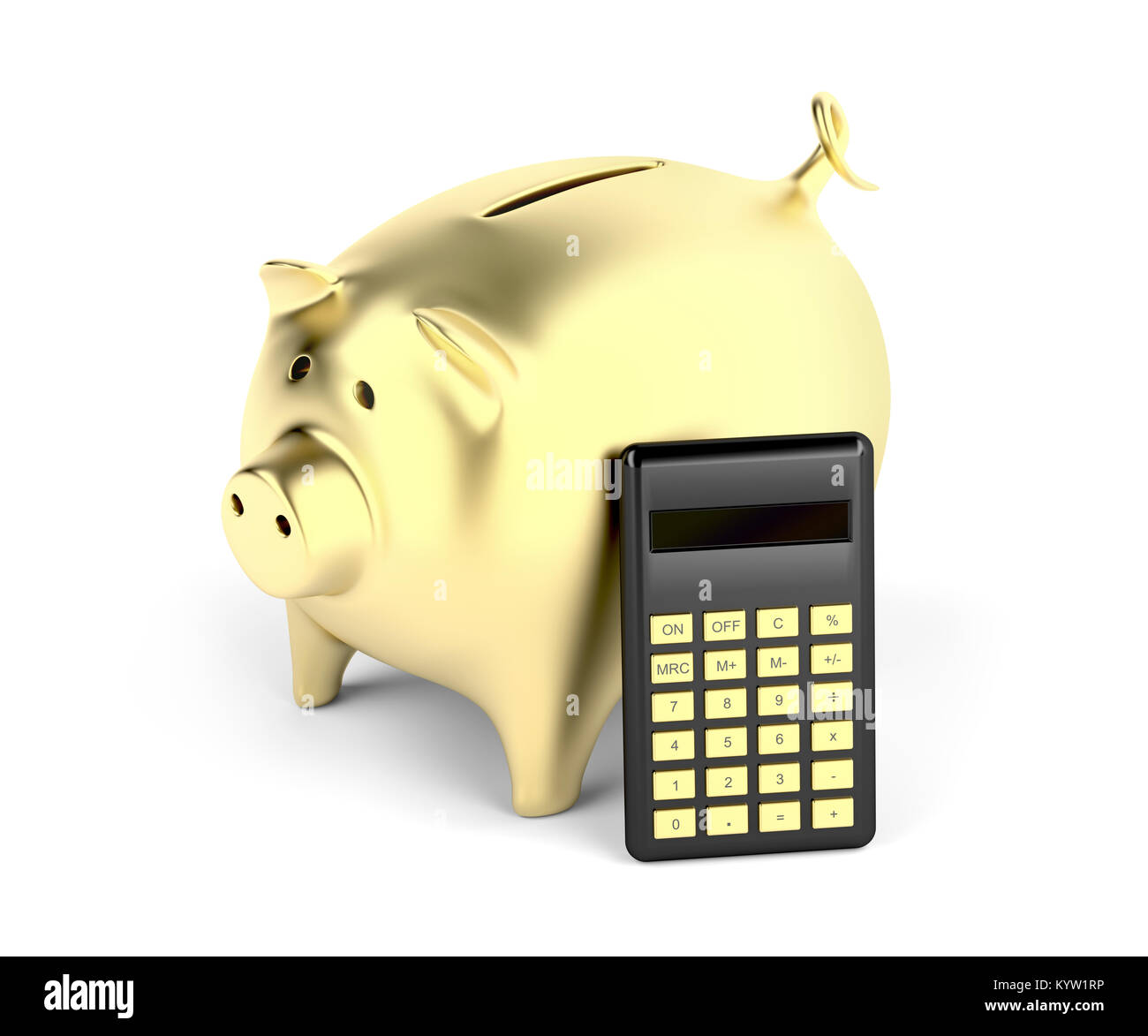 Gold piggy bank and calculator on white background Stock Photo - Alamy