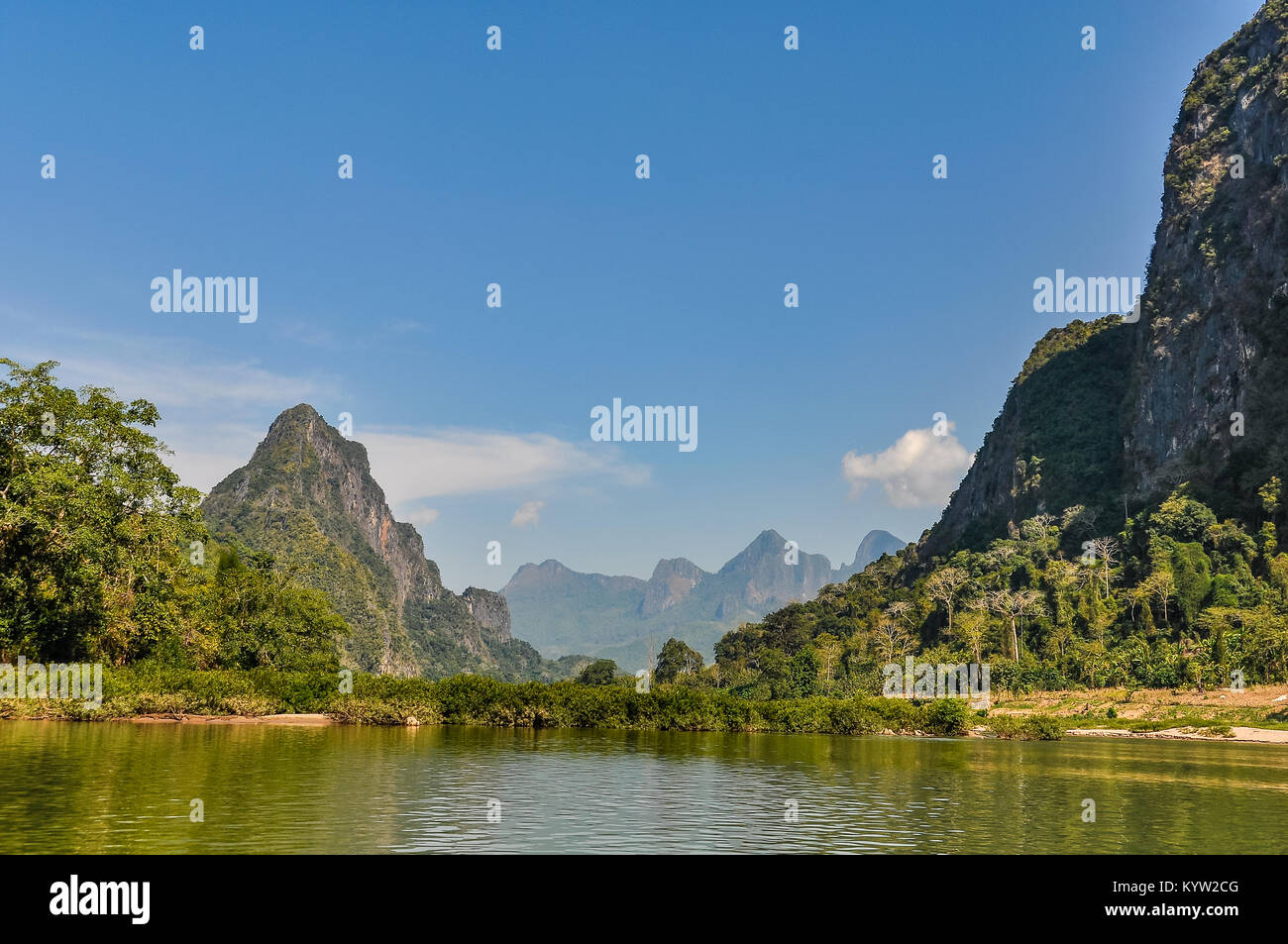 Riverside landscape on the Mekong river in Northern Laos Stock Photo