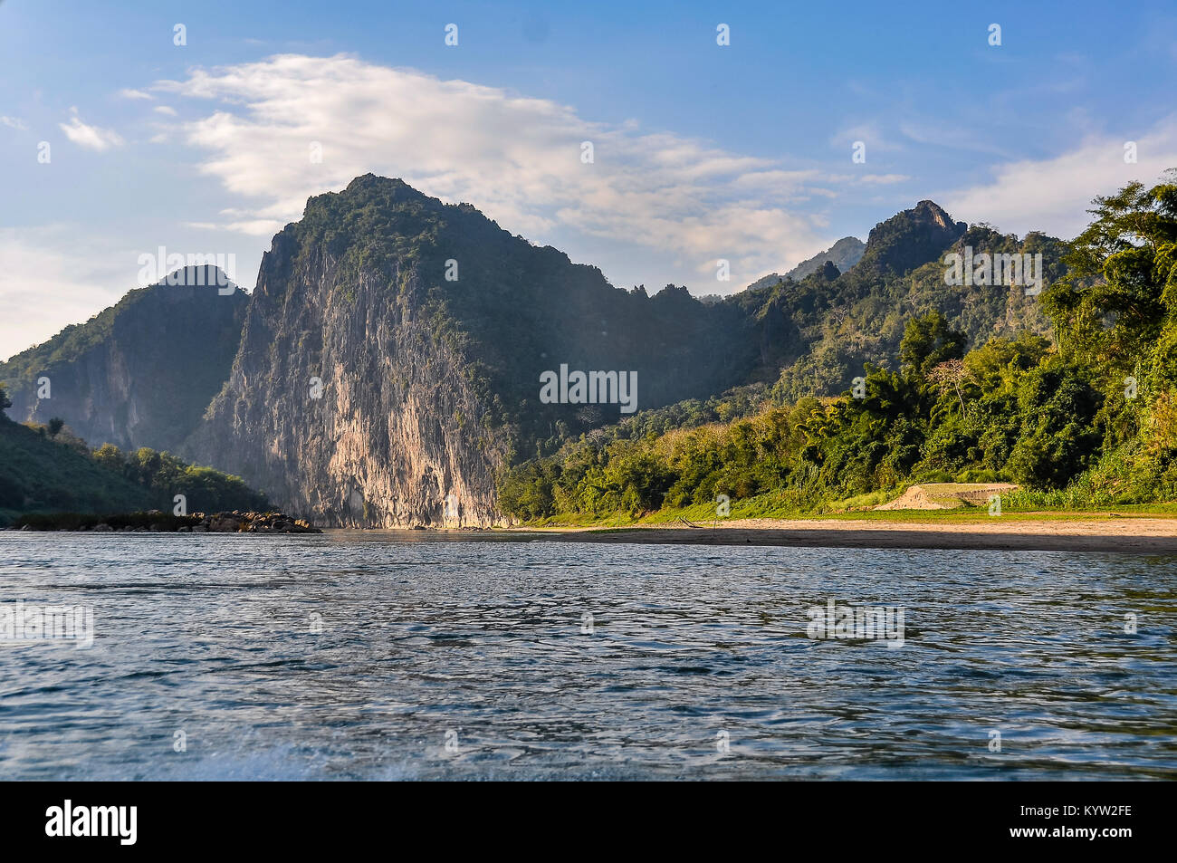 Riverside landscape on the Mekong river in Northern Laos Stock Photo