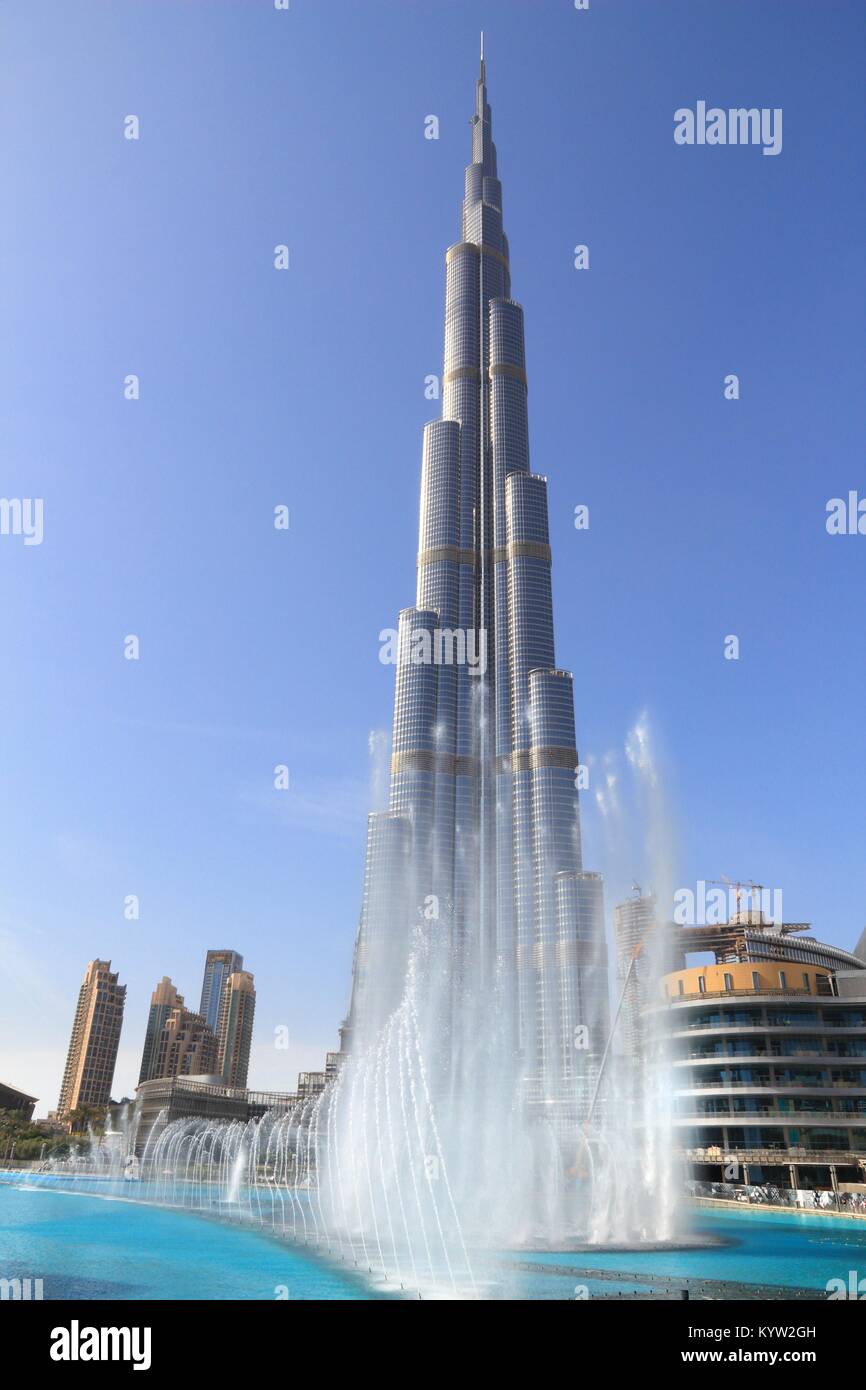 DUBAI, UAE - NOVEMBER 22, 2017: Fountain show in front of Burj Khalifa, Dubai. The Dubai Fountain is the world's 2nd largest choreographed fountain sy Stock Photo