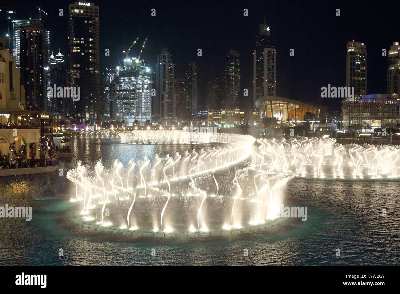 DUBAI, UAE - NOVEMBER 22, 2017: Fountain show in Dubai. The Dubai Fountain is the world's 2nd largest choreographed fountain system. Stock Photo