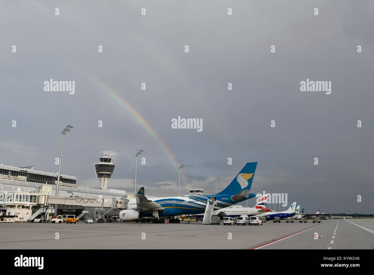 rainbow over Terminal 1, tower, aircraft, airplane, plane, airlines, Munich Airport, Stock Photo