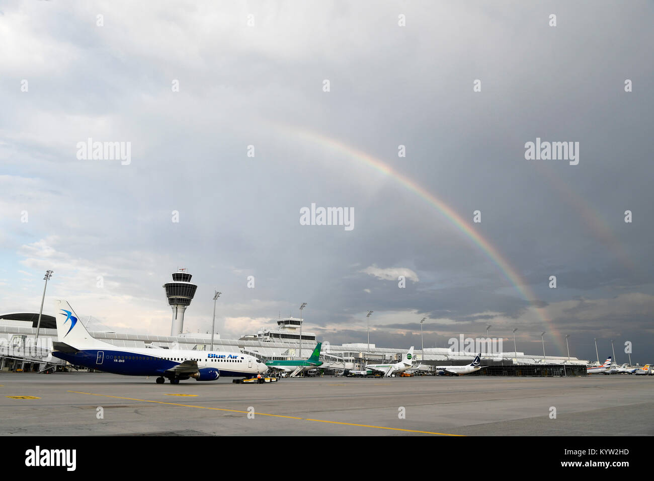 rainbow over Terminal 1, tower, aircraft, airplane, plane, airlines, Munich Airport, Stock Photo