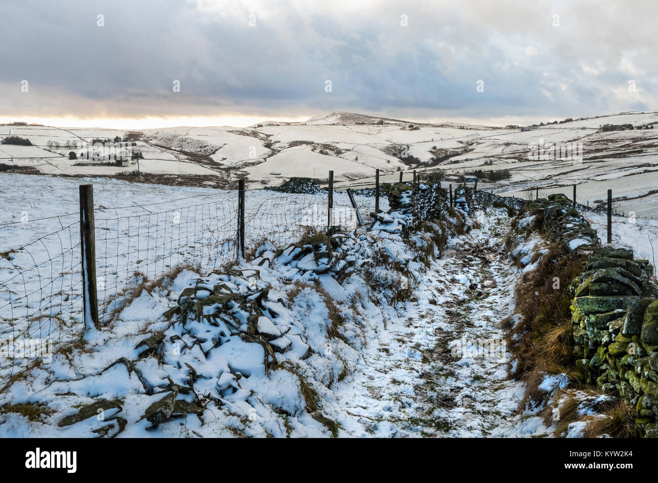 A bridleway in Brandside, an isolated farming community near Buxton, Peak District National Park. Winter. Stock Photo