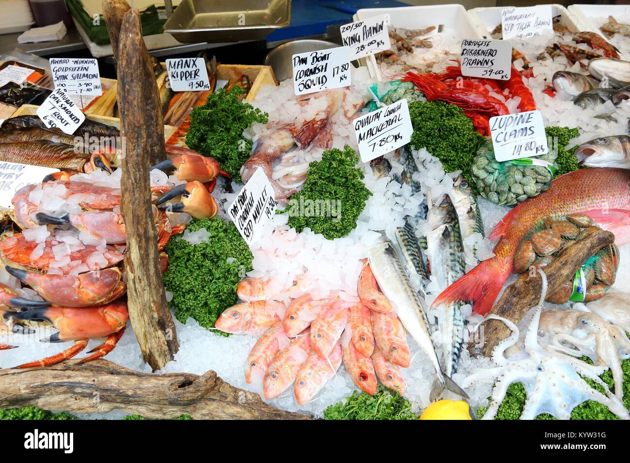 Sea food at London Borough Market, UK. Stock Photo
