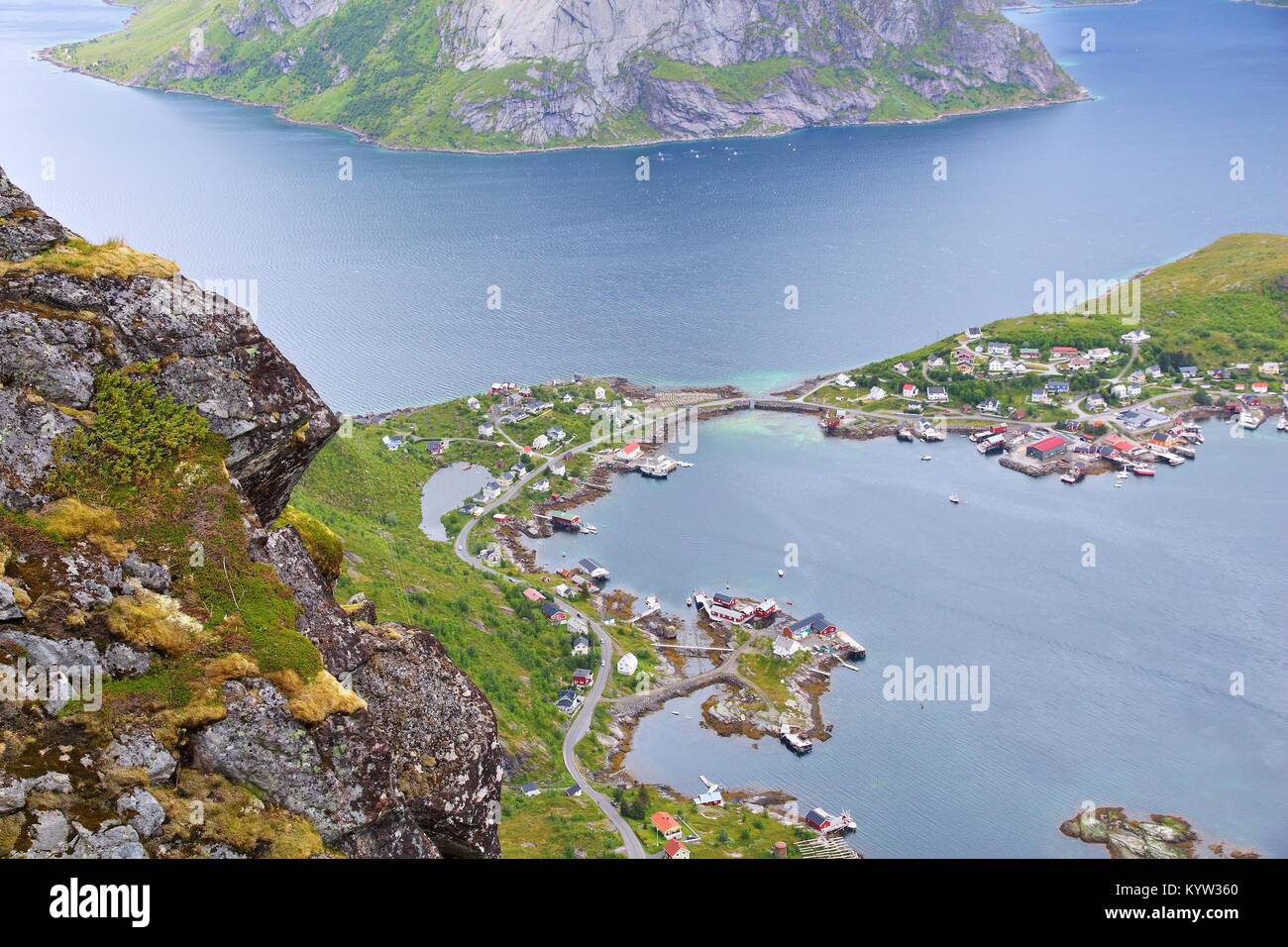 Lofoten archipelago in Norway. Reine fishing village in Moskenesoya island. Aerial view from Reinebringen hiking trail. Stock Photo