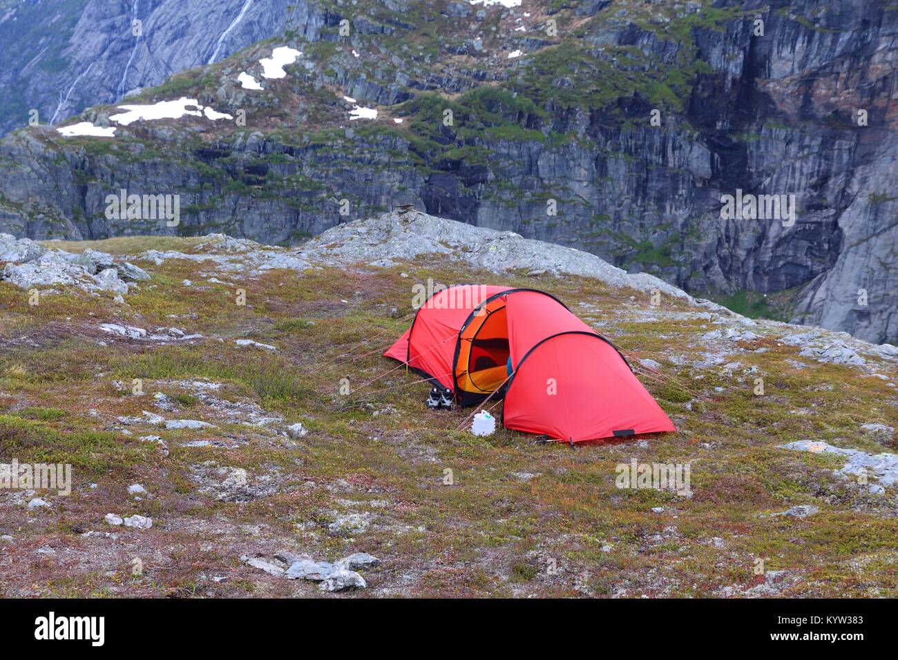 Norway Hiking Trail Camping In A Tent Next To Path To Trolltunga Troll S Tongue Rock In Hordaland County Stock Photo Alamy