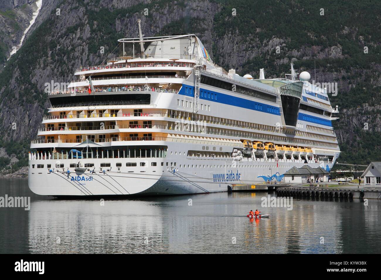 EIDFJORD, NORWAY - JULY 17, 2015: People enjoy their AIDAsol cruise in Norway. AIDA sol was built by Meier Werft in 2011. It can carry 2,174 passenger Stock Photo