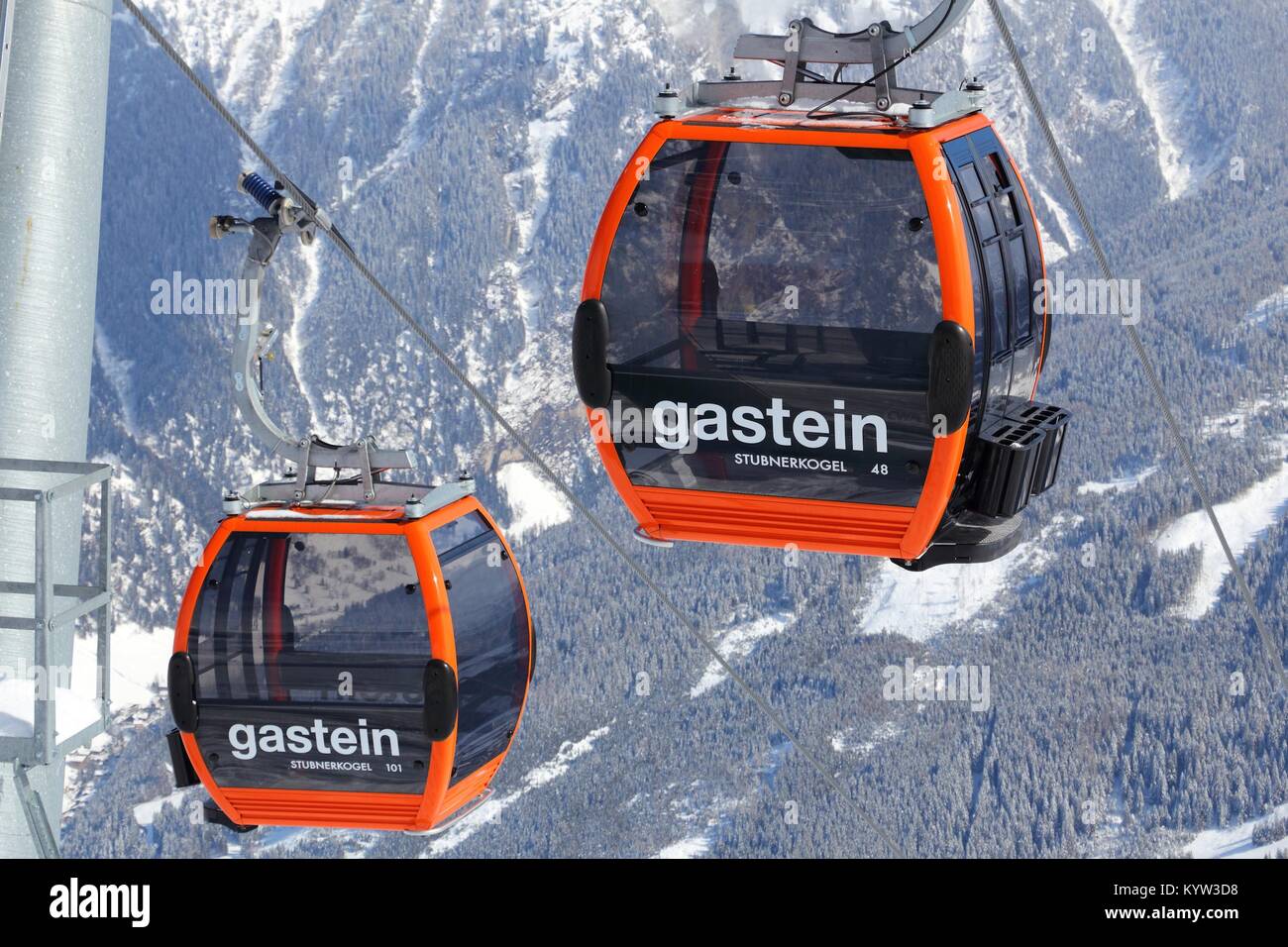 BAD GASTEIN, AUSTRIA - MARCH 10, 2016: Gondolas of cable car in Bad Gastein. It is part of Ski Amade, one of largest ski regions in Europe with 760km  Stock Photo