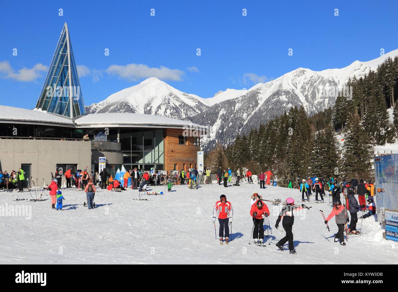 BAD HOFGASTEIN, AUSTRIA - MARCH 9, 2016: People visit Angertal ski station in Bad Hofgastein. It is part of Ski Amade, one of largest ski regions in E Stock Photo