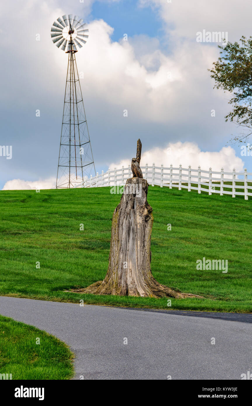 Wooden sculpture and windmill in Amish Country in Pennsylvania, USA Stock Photo