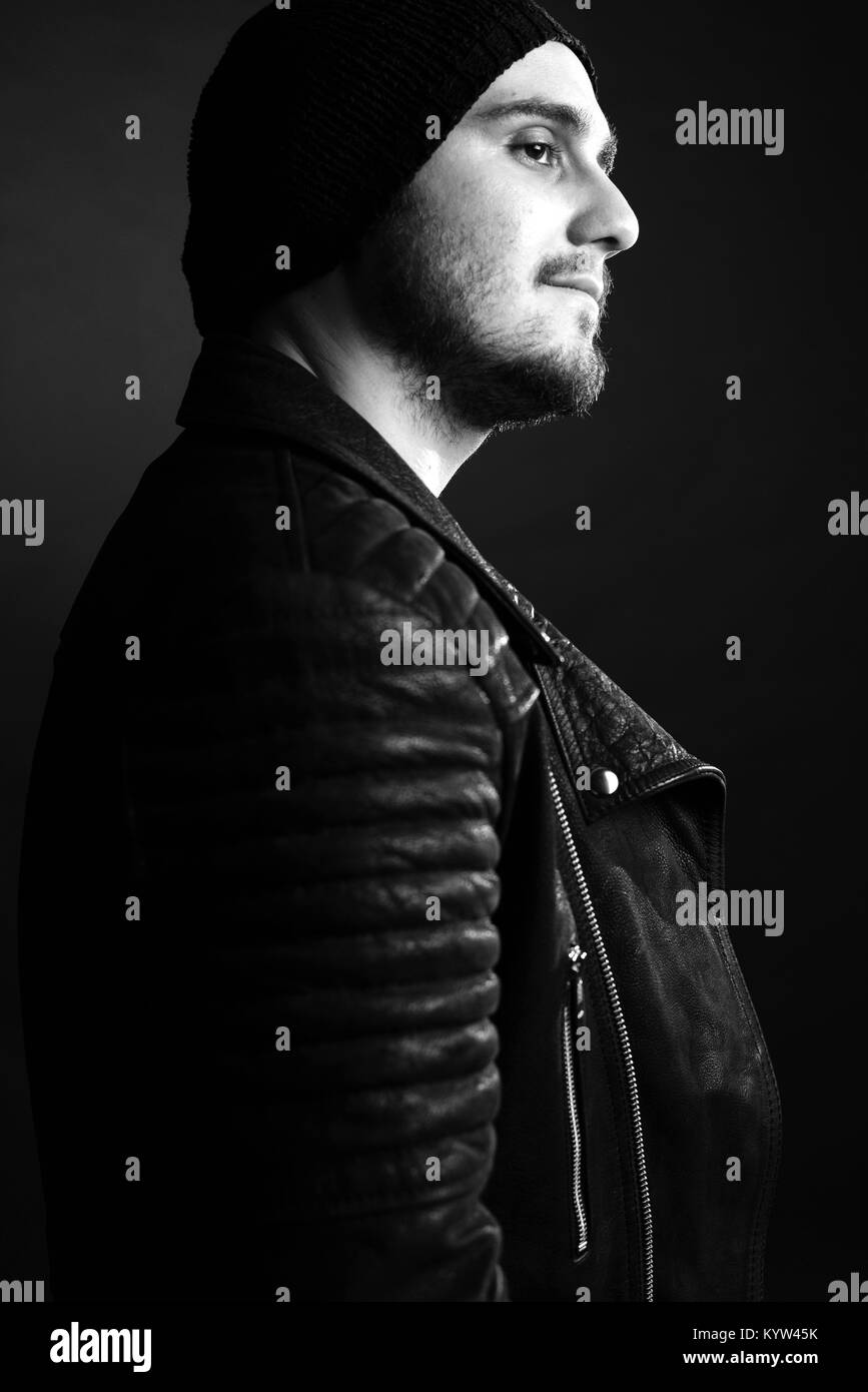 Handsome man in leather jacket Black and White Stock Photos & Images ...